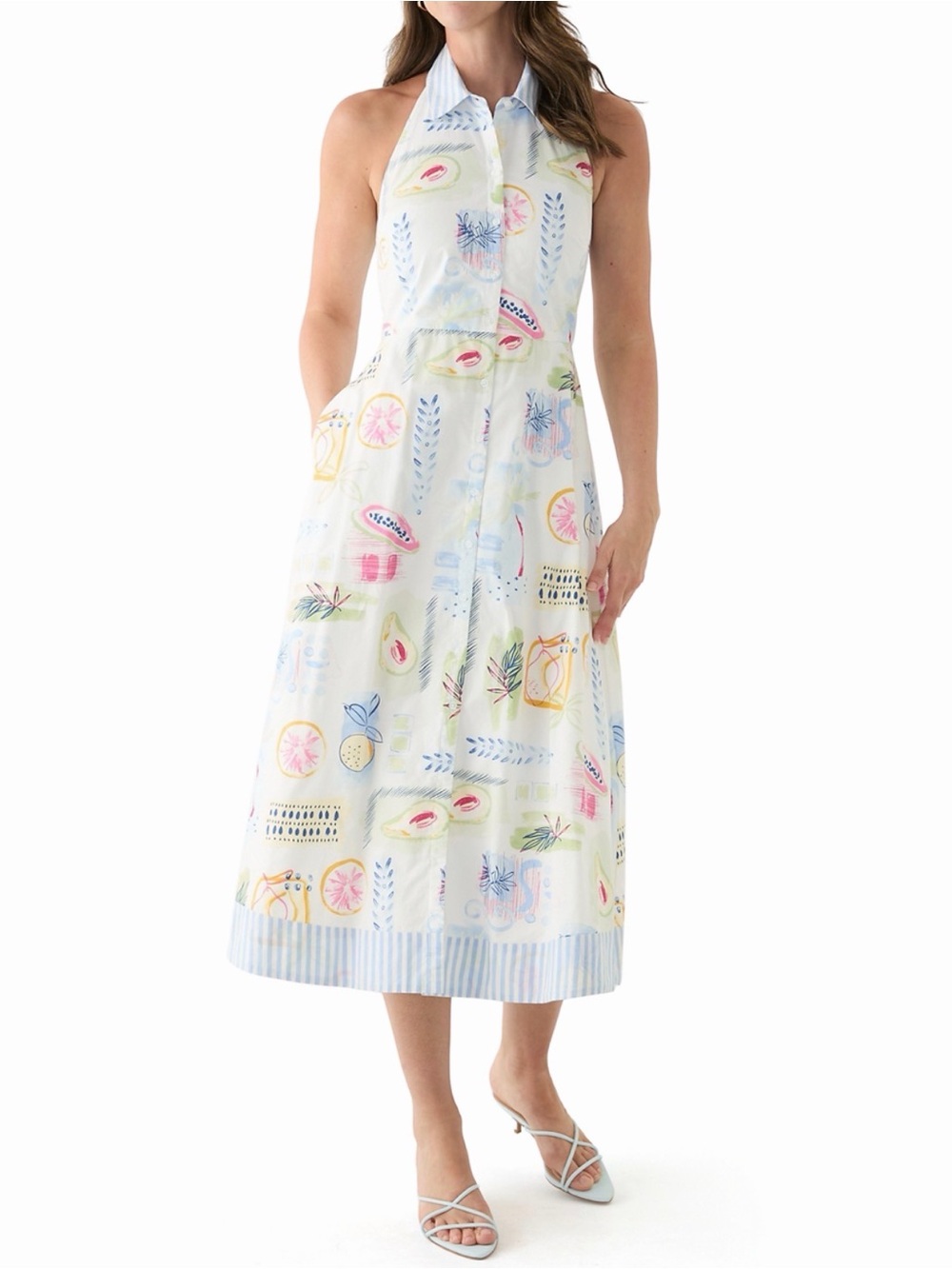 crown & ivy White Halter Midi Dress with Pastel Fruit Print